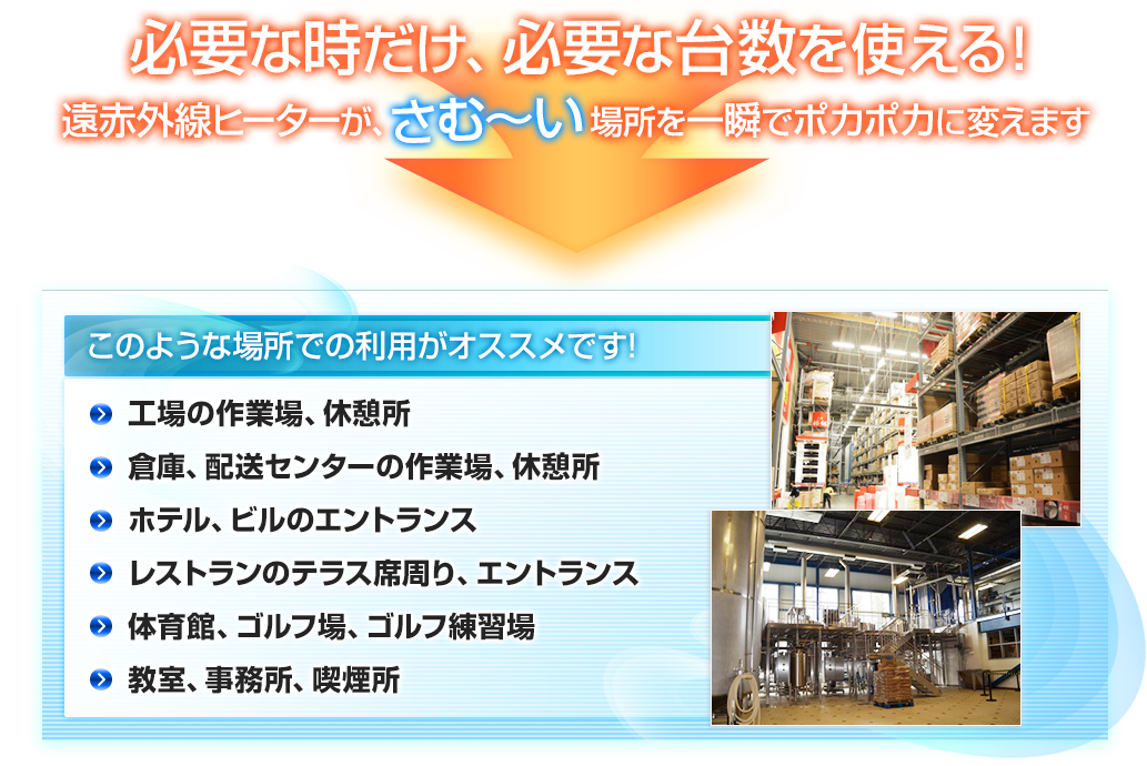 必要なときだけ、必要な台数を使える! 遠赤外線ヒータが、さむ〜い場所を一瞬でポカポカに変えます